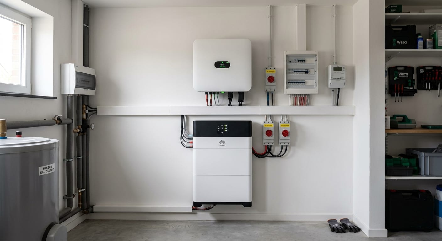 Onduleur hybride moderne et batterie de stockage solaire installés proprement dans un local technique résidentiel.