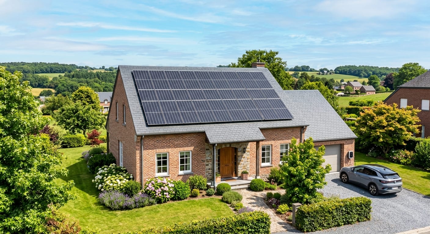 Maison unifamiliale en Wallonie équipée de panneaux solaires photovoltaïques sur le toit avec finition soignée et ciel lumineux.